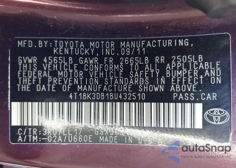 2011 Toyota Avalon z USA, uszkodzony, nr VIN 4T1BK3DB1BU432510